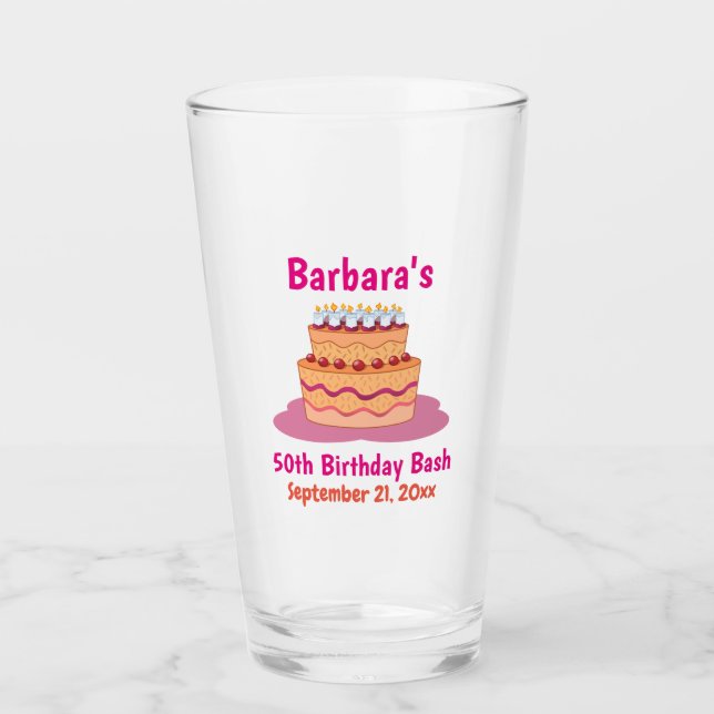 50th Birthday Party Favor Pink Cake Beer Pint Glass (Front)