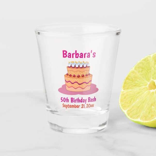 50th Birthday Party Favor Pink Cake Custom Shot Glass (Front)