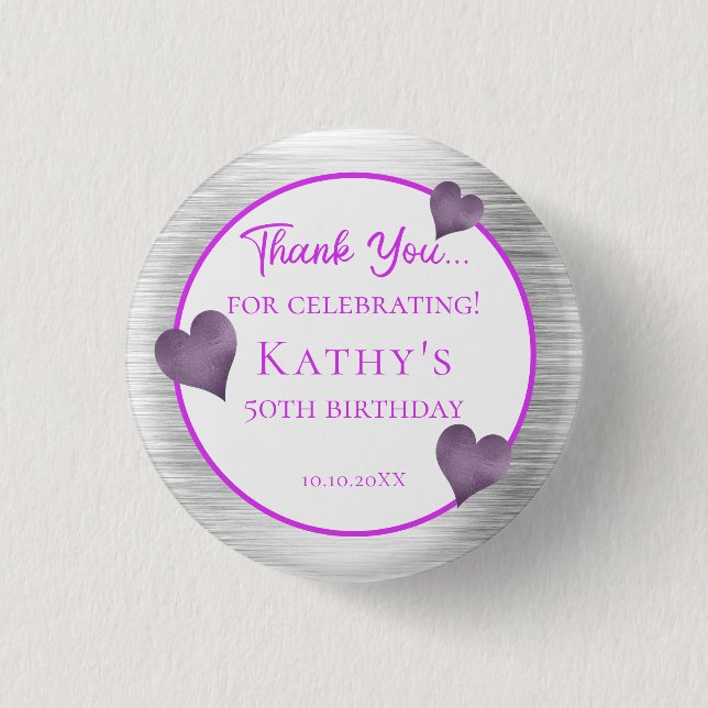 50th Birthday Party Favor Purple and Silver  Button (Front)