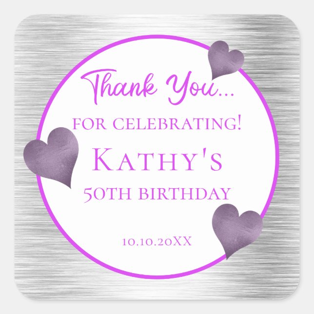 50th Birthday Party Favor Purple and Silver  Square Sticker (Front)