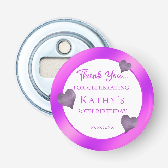 50th Birthday Party Favor Purple Hearts Bottle Opener (Front)