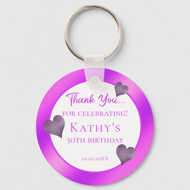 50th Birthday Party Favor Purple Hearts   Keychain (Front)