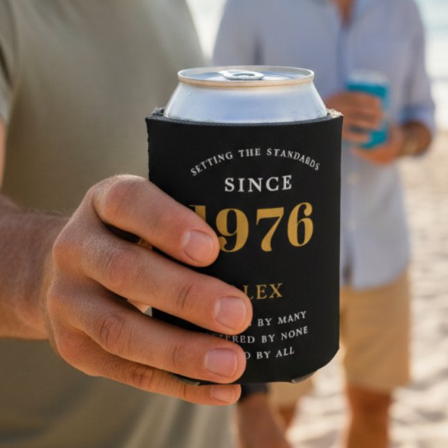 50th Birthday Party Favors Can Cooler (50th birthday black and gold can cooler in a and with a beach background.)