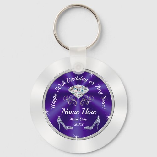 50th Birthday Party Favors Purple Silver White Keychain