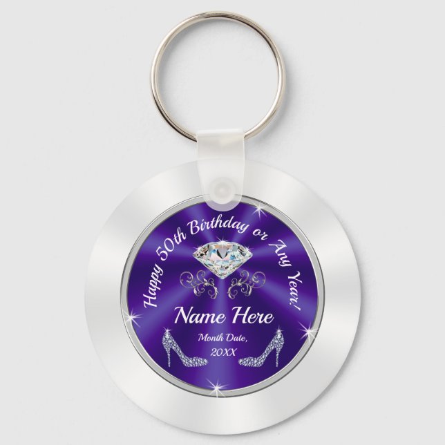 50th Birthday Party Favors, Purple, Silver, White Keychain (Front)
