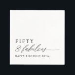 50th Birthday Party Fifty & Fabulous Modern Napkins<br><div class="desc">50 and Fabulous Napkins: Mark your milestone birthday with these modern and elegant black Fifty and Fabulous paper napkins. Featuring a minimalist design and stylish calligraphy font, they’re perfect for cocktail hour or dessert tables at your 50th birthday party. The simple black backdrop and graceful lettering create a timeless, chic...</div>