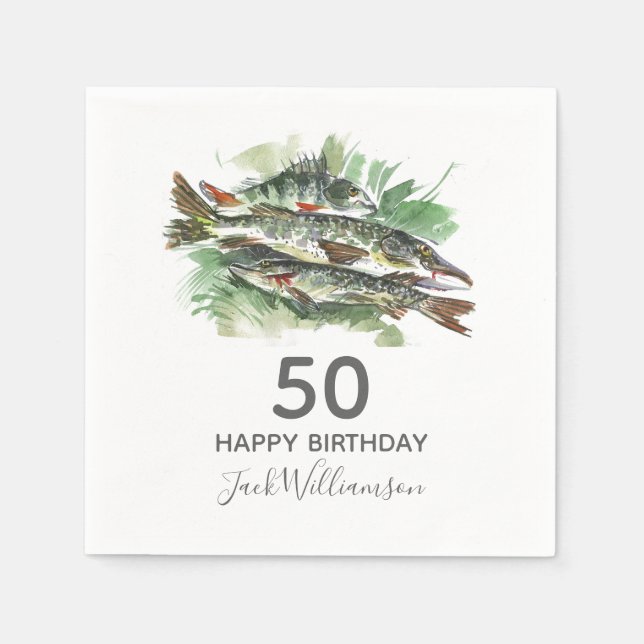 50th Birthday Party | Fishing | Watercolor Fish Napkins (Front)
