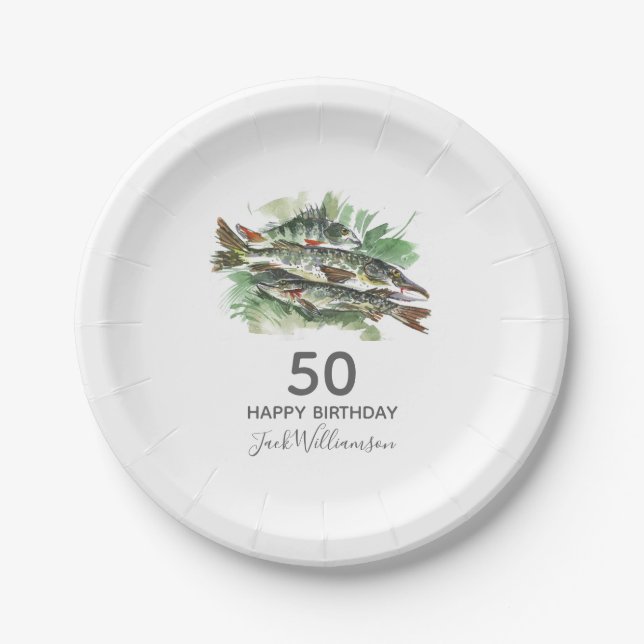 50th Birthday Party | Fishing | Watercolor Fish Paper Plates (Front)
