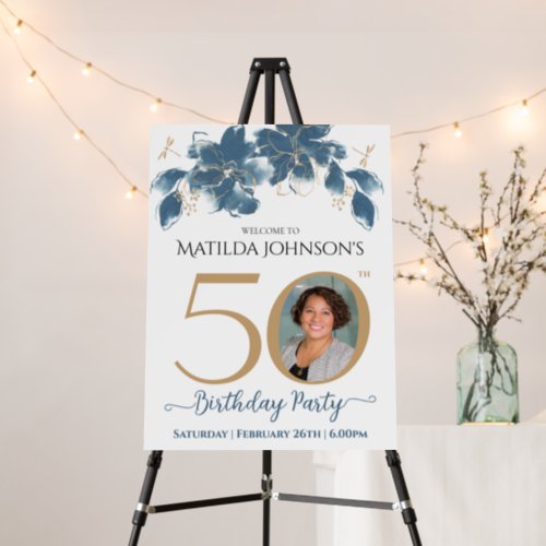 50th Birthday Party Floral Blue Gold Photo Welcome Foam Board