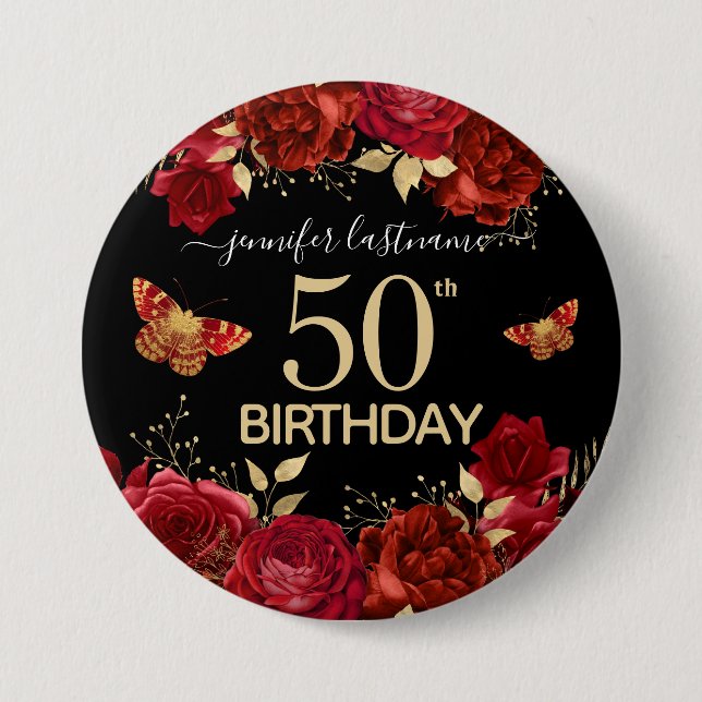 50th Birthday Party Floral Butterfly Button (Front)