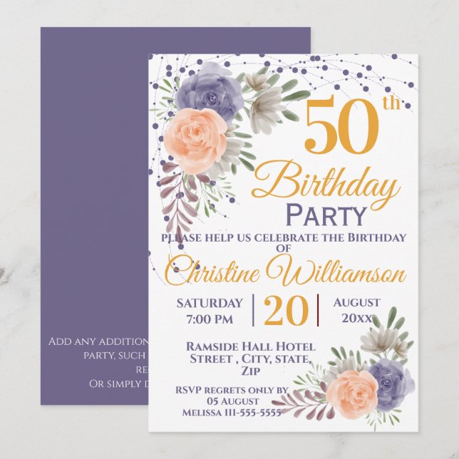 50th Birthday Party Floral Peony Purple Invitation (Front/Back)