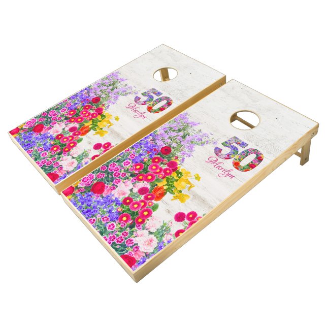 50th birthday party flower bouquet cornhole set (Angled)