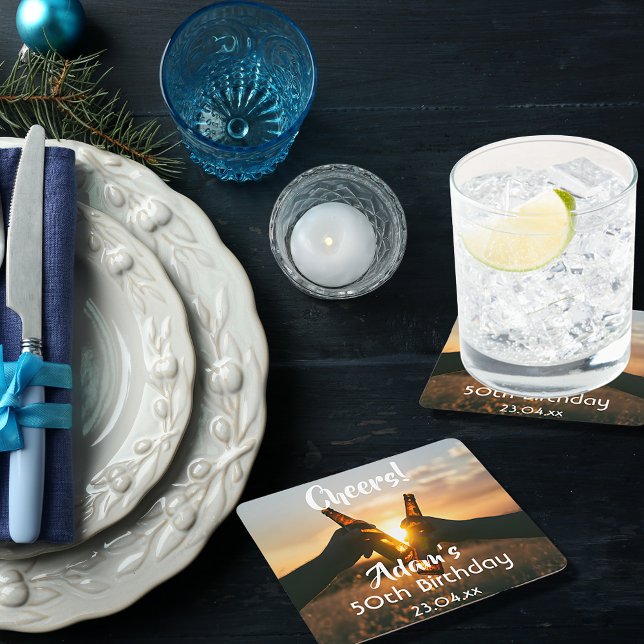 50th birthday party for guys cheers beer square paper coaster (Creator Uploaded)