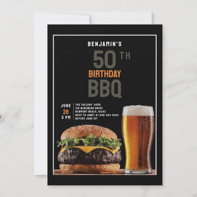 50th Birthday Party for Men Backyard BBQ Black Invitation (Front)