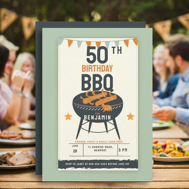 50th Birthday Party for Men Backyard BBQ Rustic Invitation (50th birthday party ideas for men outside backyard bbq summer fun personalized invitation rustic fun)