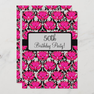 50th Birthday Party Fuchsia Pink Black Damask  Invitation