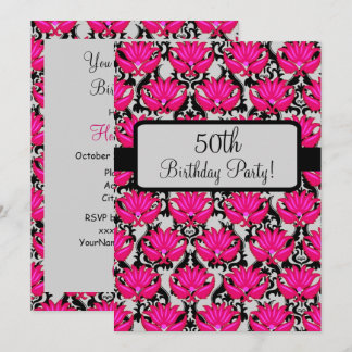 50th Birthday Party Fuchsia Pink Black Damask  Invitation