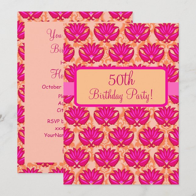 50th Birthday Party Fuchsia Pink Orange Damask  Invitation (Front/Back)