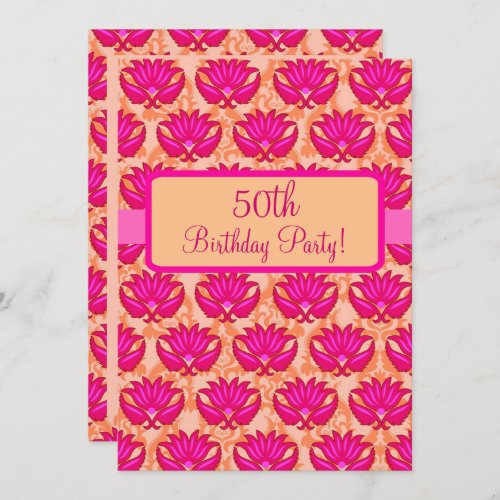 50th Birthday Party Fuchsia Pink Orange Damask  Invitation