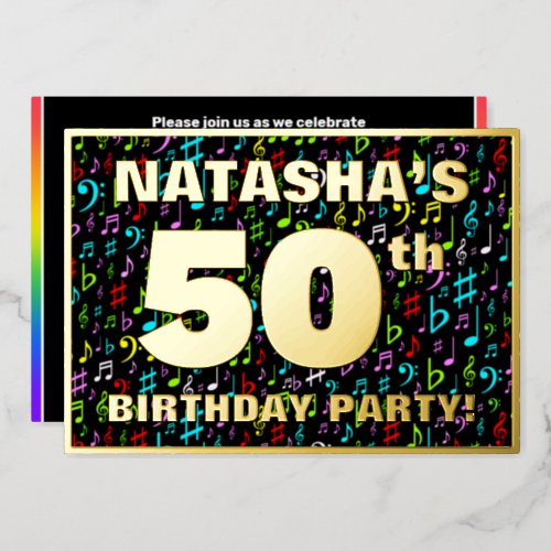 50th Birthday Party â Fun Colorful Music Symbols Foil Invitation