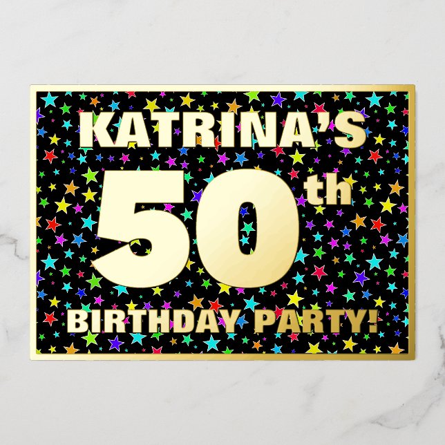 50th Birthday Party — Fun, Colorful Stars Pattern Foil Invitation (Front)
