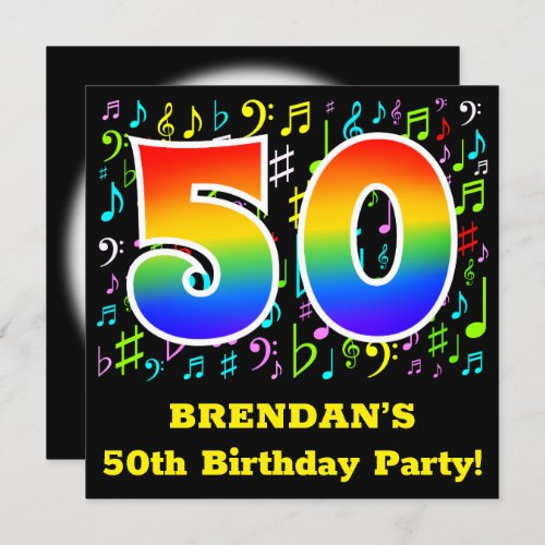 50th Birthday Party Fun Music Symbols Rainbow 50 Invitation