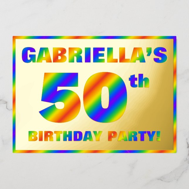 50th Birthday Party — Fun, Rainbow Spectrum “50” Foil Invitation (Front)