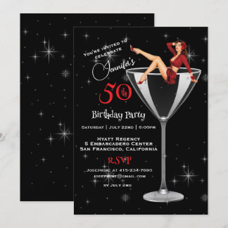 50th Birthday Party Girl In Martini Glass Invitation