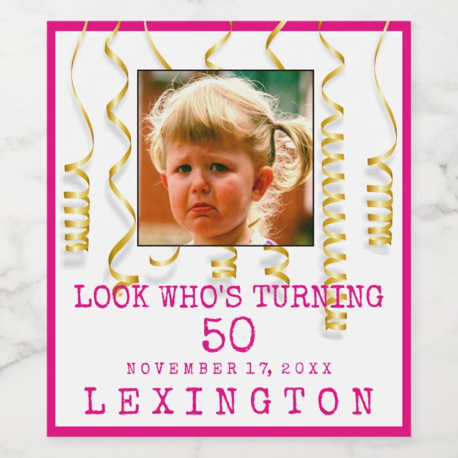 50th Birthday Party Girl With Photo Select Colors Wine Label (Single Label)