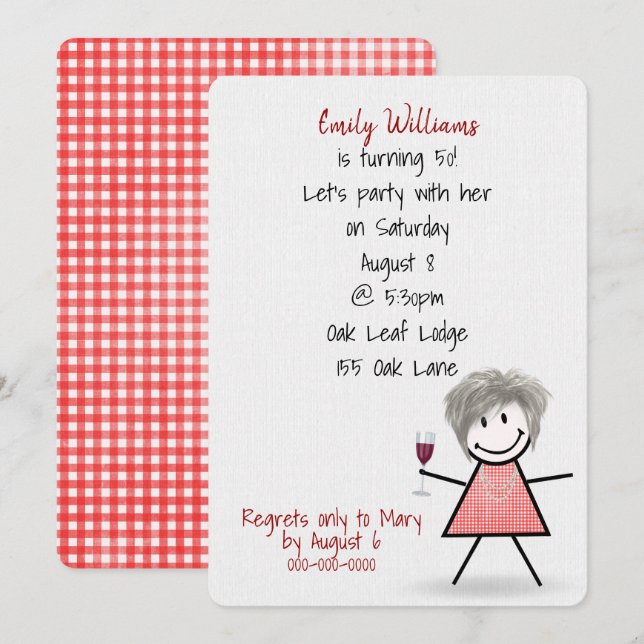 50th Birthday Party Girl with Wine    Invitation (Front/Back)
