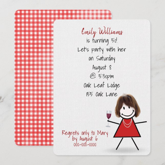 50th Birthday Party Girl with Wine Invitation (Front/Back)