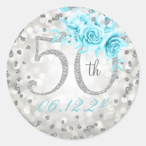 50th Birthday Party Glam Lights Silver Teal  Classic Round Sticker