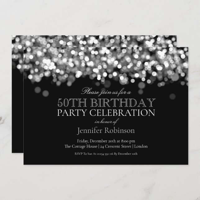 50th Birthday Party Glam Silver Lights Invitation (Front/Back)
