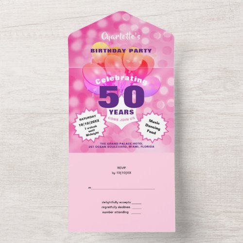 50th Birthday Party Glam Sparkle Glitz Pink All In One Invitation