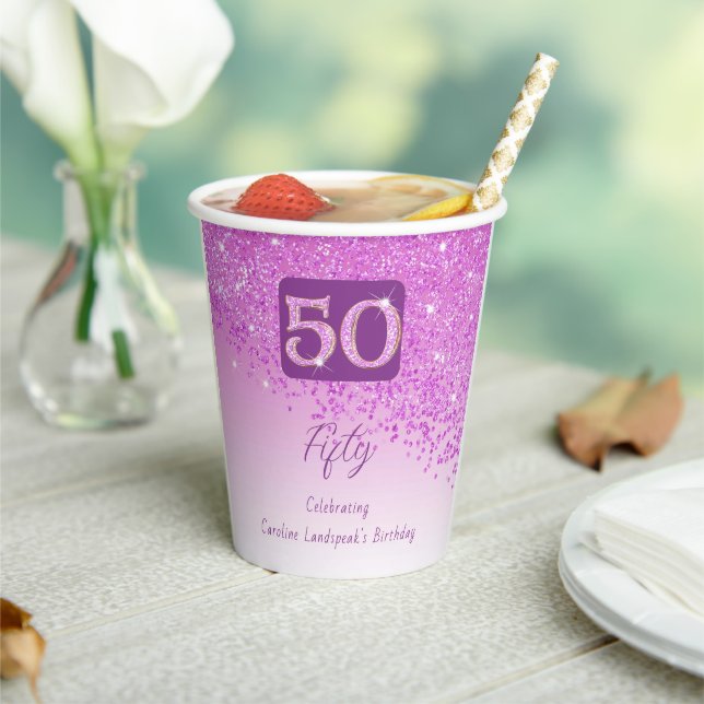 50th Birthday Party Gleaming Pink Glitter Paper Cups (Insitu)