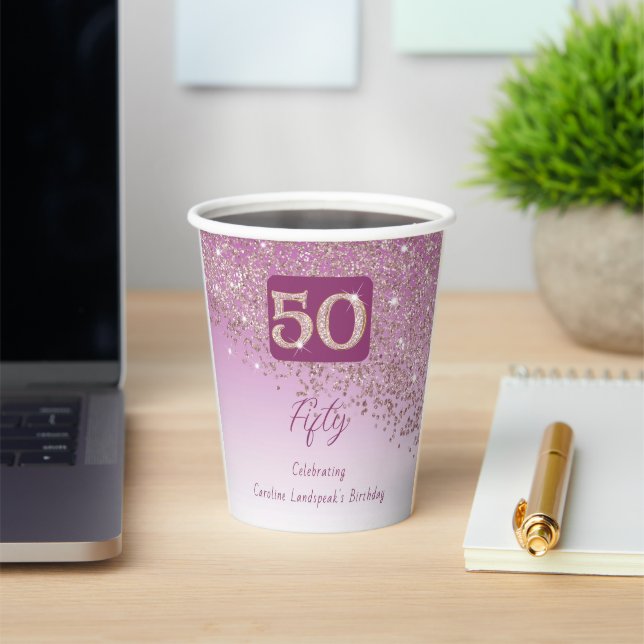 50th Birthday Party Gleaming Rose Gold Glitter Paper Cups (Insitu)