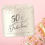 50th Birthday Party Glitter Gold  Square Paper Coaster<br><div class="desc">Elegant and chic personalized 50th birthday party coaster featuring "50 & Fabulous" in a stylish script against a gold faux foil background,  with gold faux glitter dripsp. You can personalize with her name and date of the party.</div>