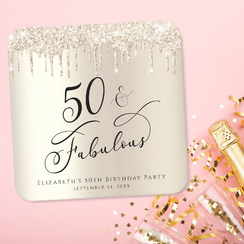 50th Birthday Party Glitter Gold  Square Paper Coaster