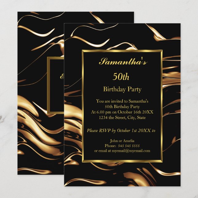 50th Birthday Party Gold Black Abstract Invitation (Front/Back)