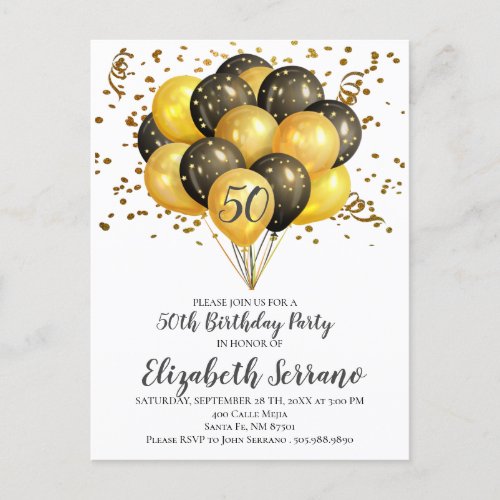 50th birthday Party Gold  Black Balloons Confetti Invitation Postcard