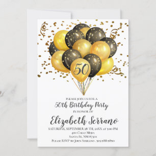 50th Birthday Party Gold & Black Balloons On White Invitation