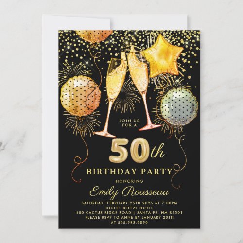 50th Birthday Party Gold Black Glitter Confetti  Invitation
