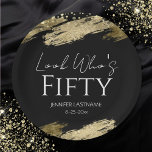 50th Birthday Party Gold Black Look Who's Paper Plates<br><div class="desc">Elegant Faux gold foil paint splatters design. All text is adjustable and easy to change for your own party needs. Great elegant 50th birthday template design. Fancy Birthday party Napkins. Black and gold</div>