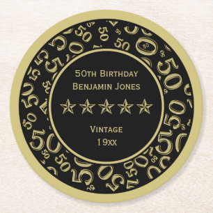 50th Birthday Party Gold/Black Round Pattern Round Paper Coaster