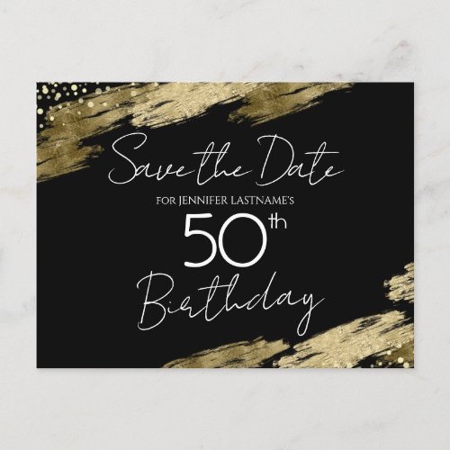 50th Birthday Party Gold Black Save the Date Postcard