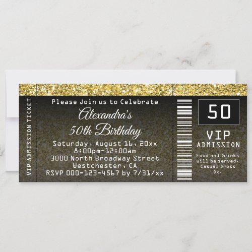 50th Birthday Party GoldBlack Ticket Invitation