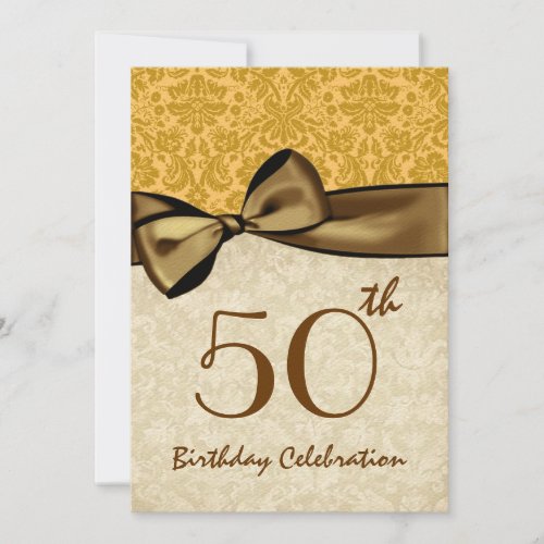 50th Birthday Party GOLD Damask Bow Template W844 Custom Invite