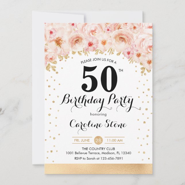 50th Birthday Party - Gold Flowers Invitation (Front)