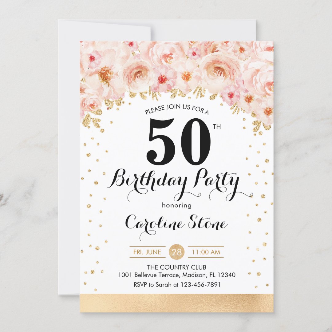 50th Birthday Party - Gold Flowers Invitation | Zazzle