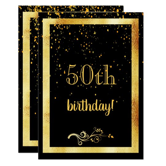 50th Birthday Party Gold Frame Black Invitation